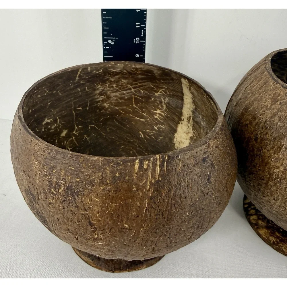 Coconut Shell Footed Bowl/ Cup‎ Set Of Three (3) Handmade Tropical Tiki Luau
